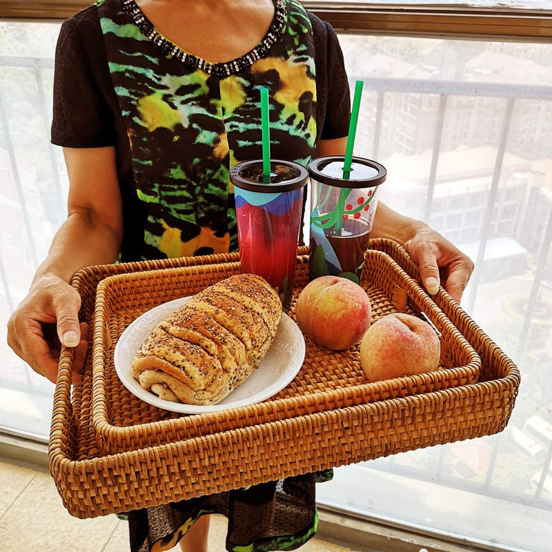 i-lan 15 Inch Large Size Handwoven Serving Tray, Decorative Rectangular Rattan Basket Bread Trays with Handles and 2.3â€Wall, Vintage Organizer Plate Wicker Basket Tray for Dessert, Snack, Candy, L - Image 3
